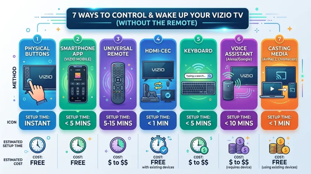 Infographic comparing methods to turn on Vizio TV without remote showing setup time and cost