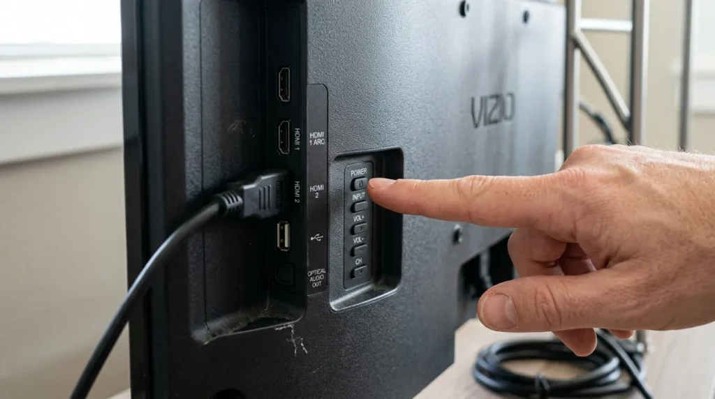 Vizio TV back panel showing location of hidden physical power and control buttons