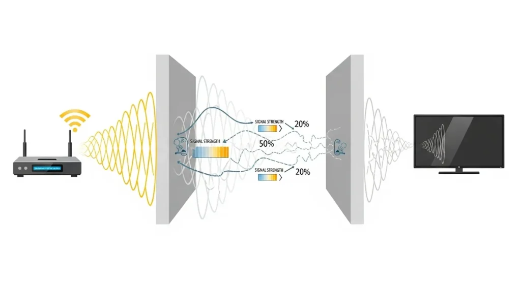 Infographic showing how WiFi signal weakens from router to TV through obstacles