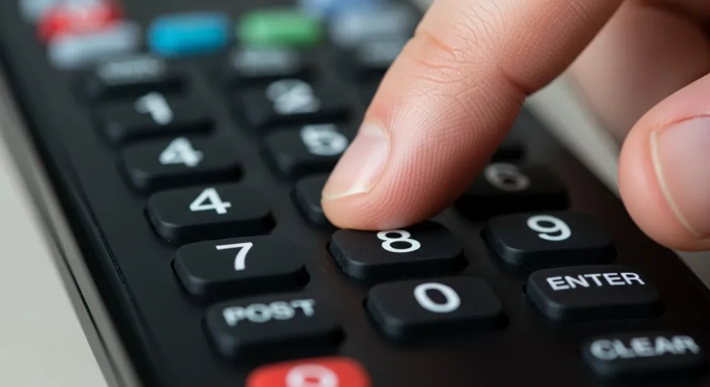 Fingers pressing number buttons on universal remote control keypad