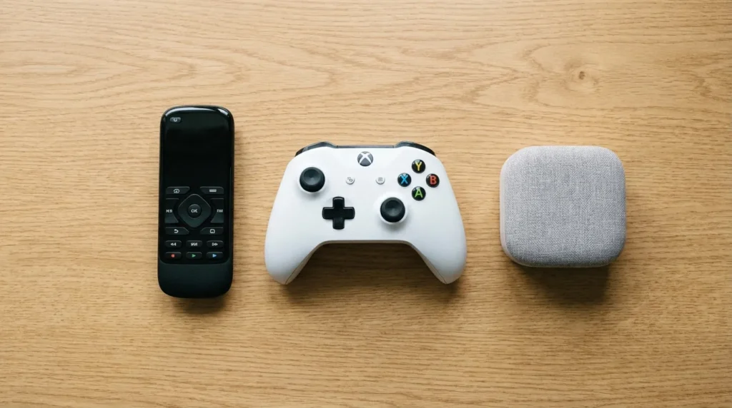 Universal remote next to a game controller and speaker showing multi-device compatibility
