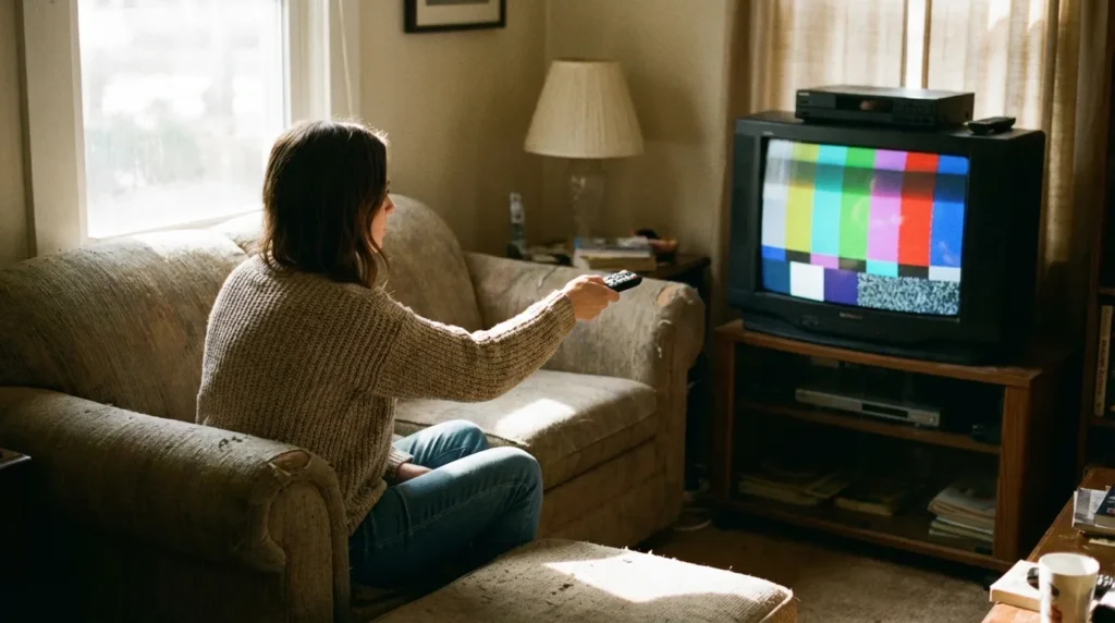 Person pointing Magnavox MC348 remote at TV during programming setup