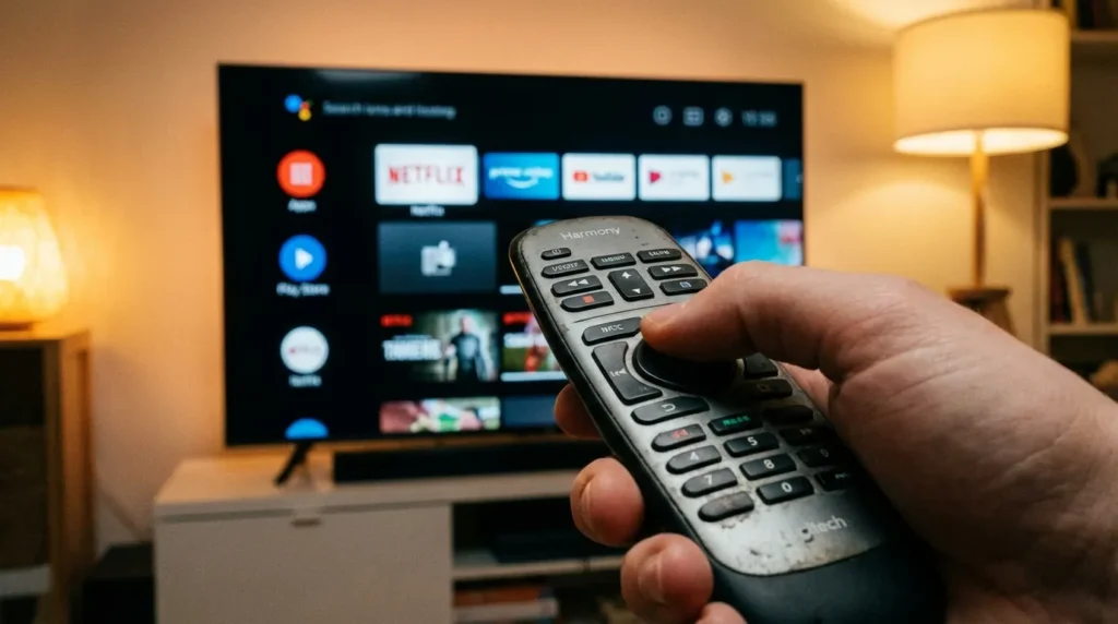 Hand pointing Magnavox MC348 remote at a flat-screen TV