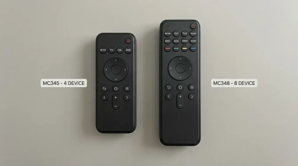 MC345 vs MC348 Magnavox universal remote comparison showing device buttons