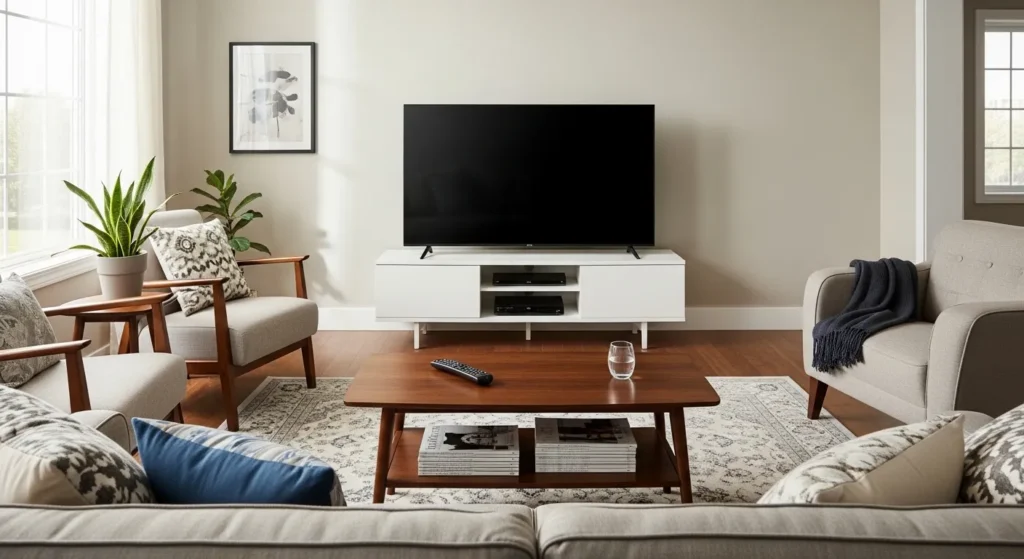 Pilot television with universal remote control on living room table