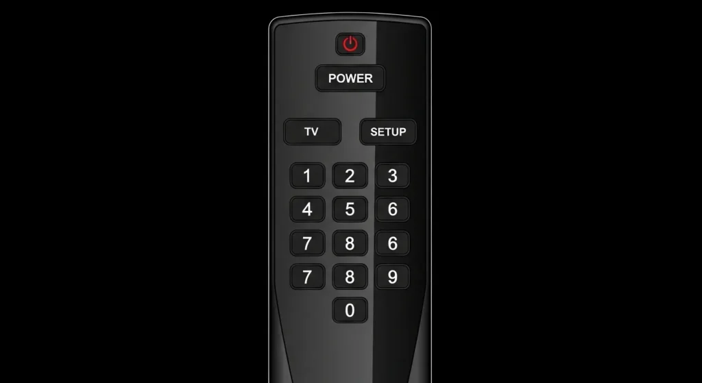Diagram showing Setup, TV, Power, and number pad button locations on remote