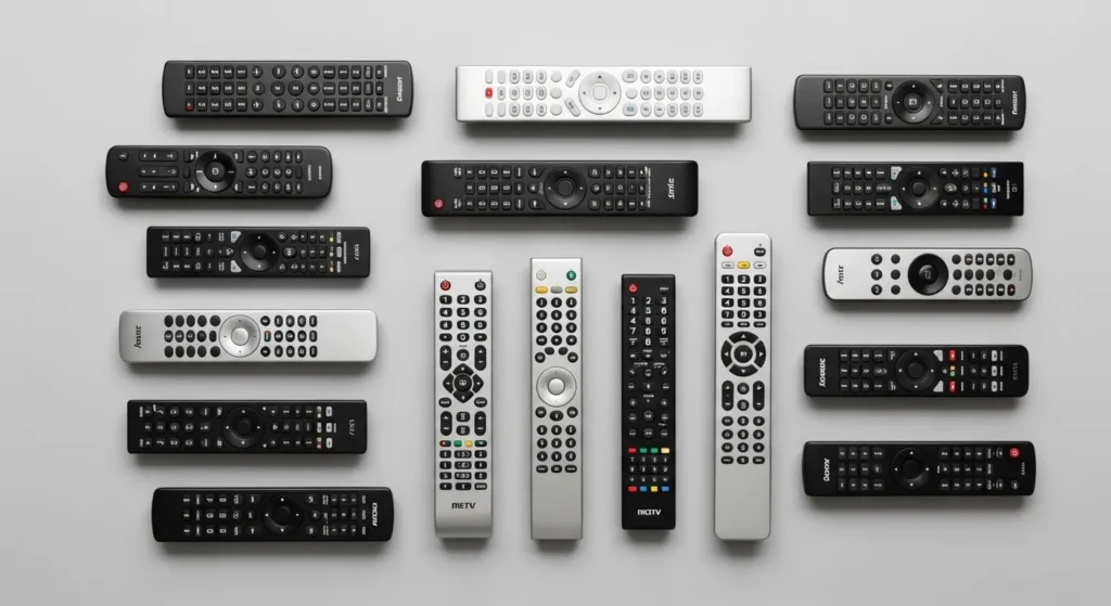 Multiple TV remotes arranged on a gray surface representing different TV brands compatible with Spectrum remote