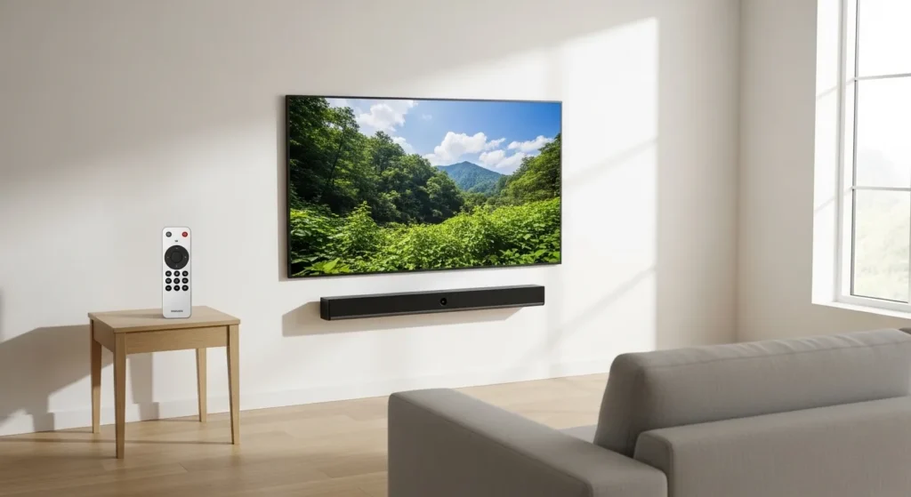 Soundbar mounted below a flat screen TV in a living room, showing an AUX audio device setup for Spectrum remote programming