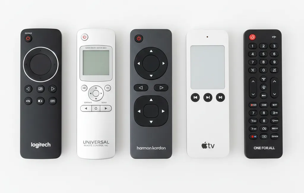Multiple universal remote brands laid flat showing different models