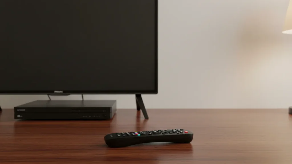 Philips universal remote beside home entertainment devices