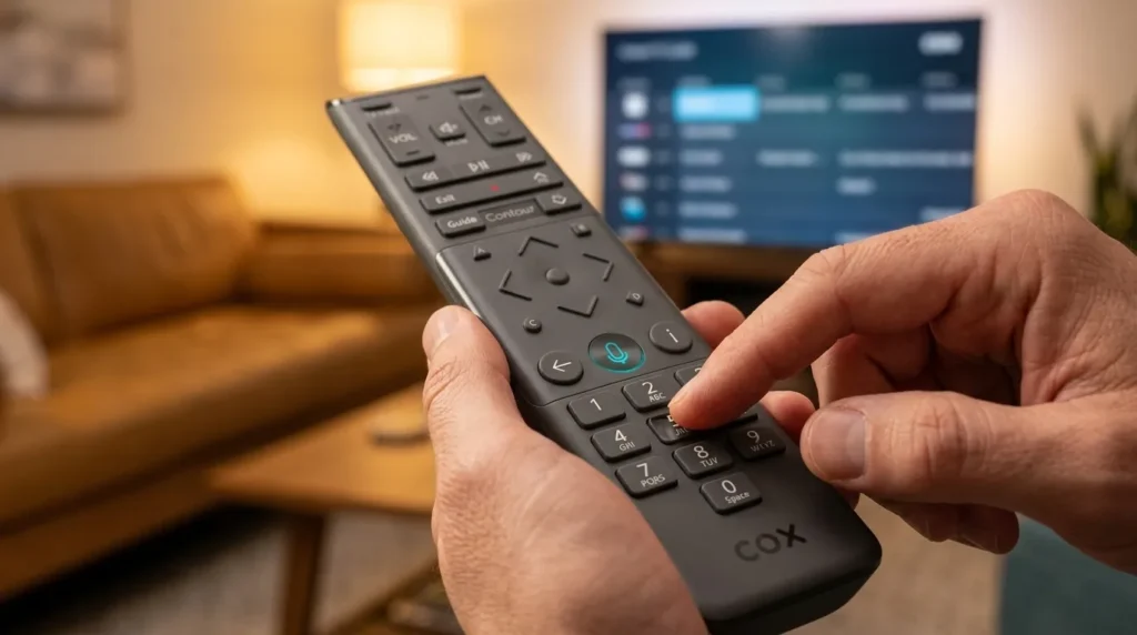 Person entering Cox universal remote codes on XR15 remote pointed at Samsung TV