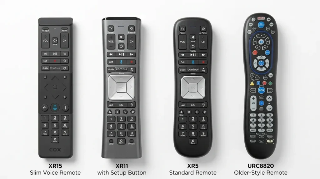 Cox remote models XR15 XR11 XR5 and URC8820 side by side comparison