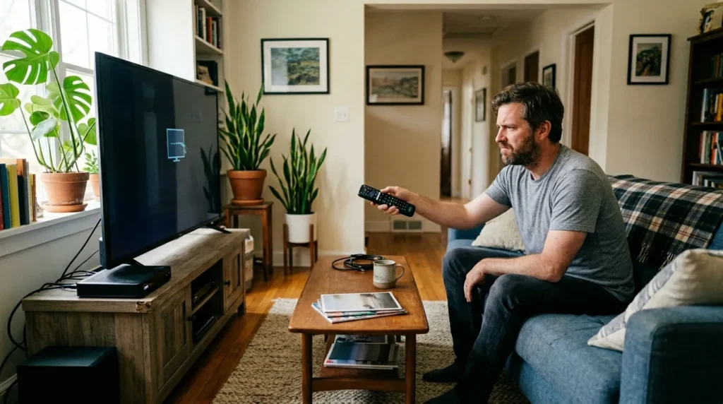 Person troubleshooting Cox remote not working with TV remote programming issue