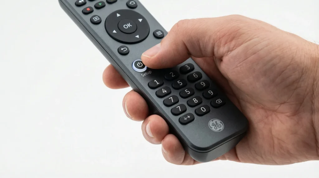 Hands pressing the Setup button on a GE universal remote