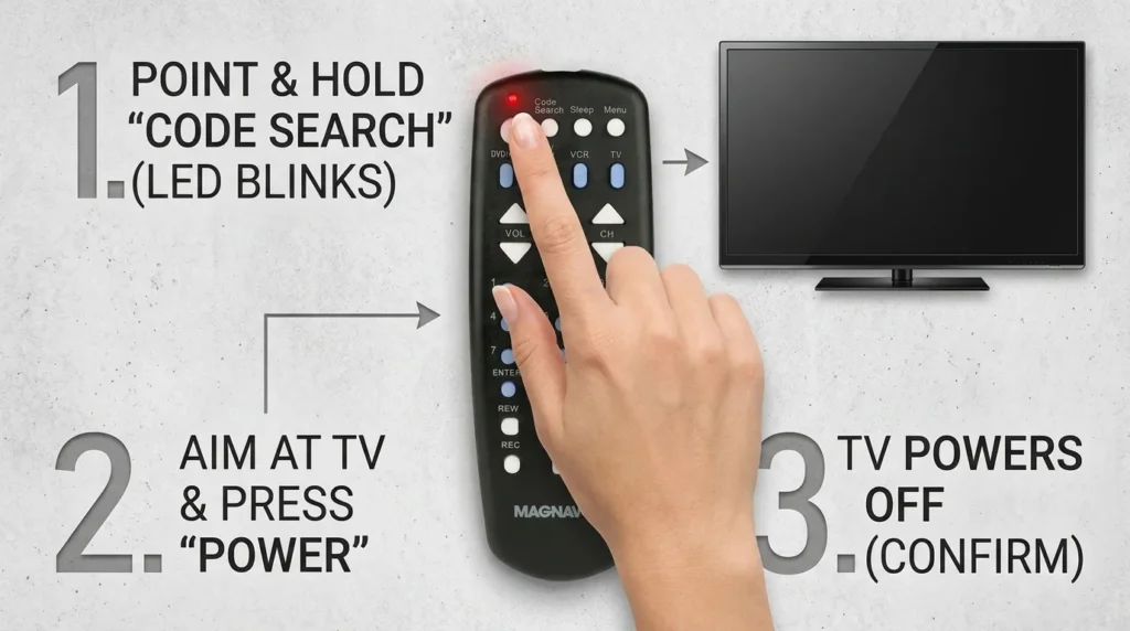Hand pressing Code Search button on Magnavox MC345 remote during TV programming setup