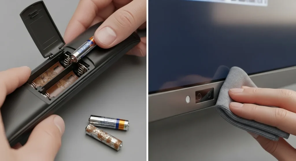 Images of battery replacement and sensor cleaning for remotes.