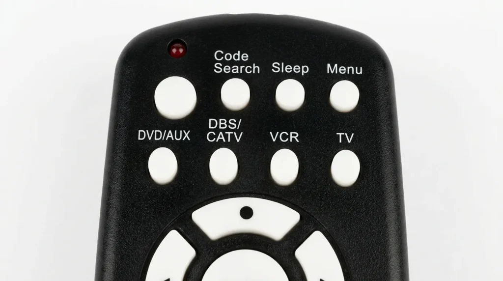 Close-up of Magnavox MC345 remote showing Code Search button and four device buttons