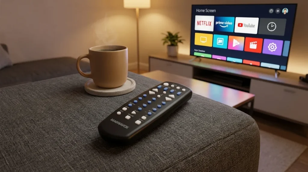 Universal remote pointed at a TV during troubleshooting after Magnavox MC345 programming