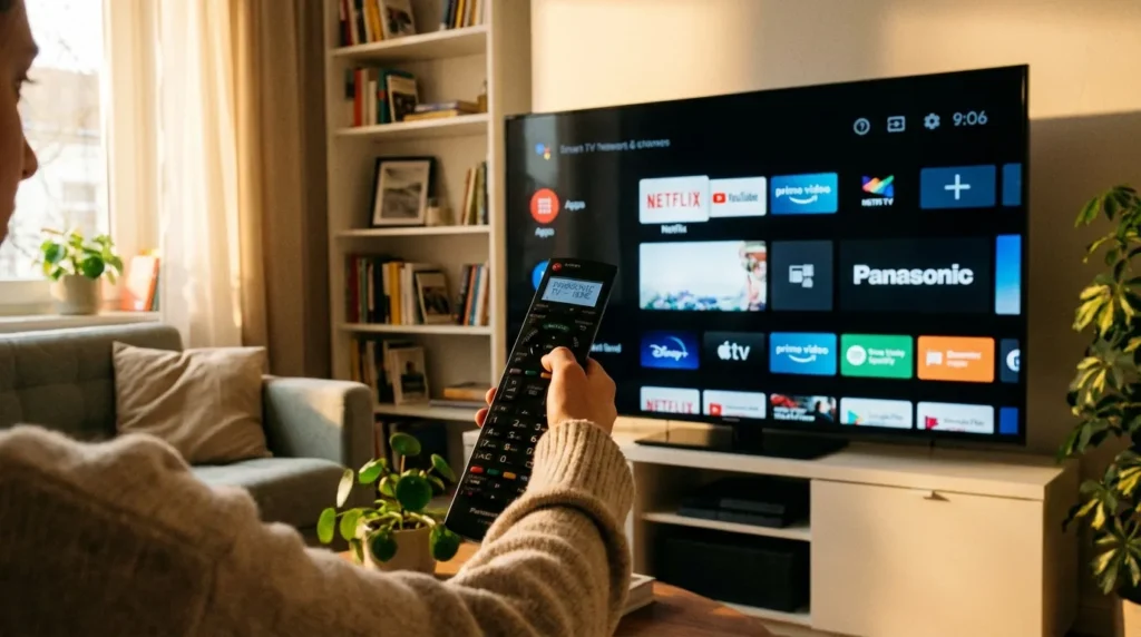 Person programming a universal remote to a Panasonic TV in a living room