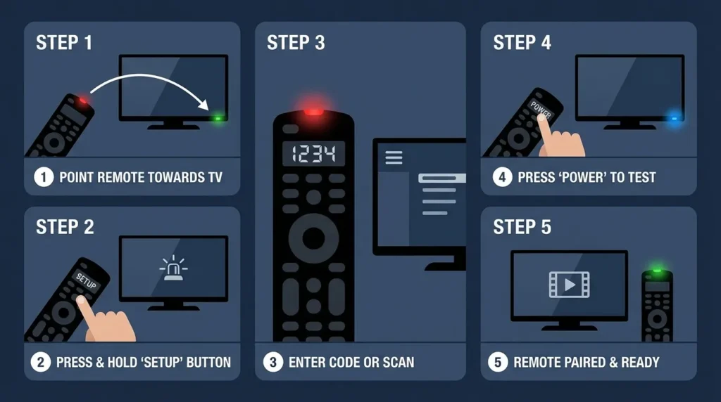 Step-by-step diagram showing how to program a universal remote to a Panasonic TV