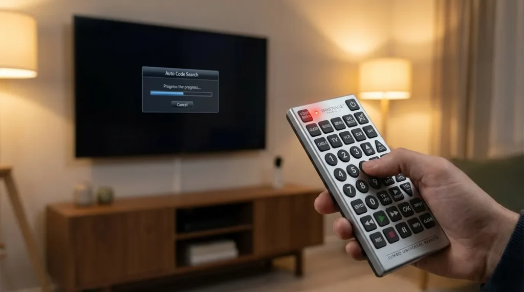 Person pointing Innovage Jumbo remote at TV during auto code search programming