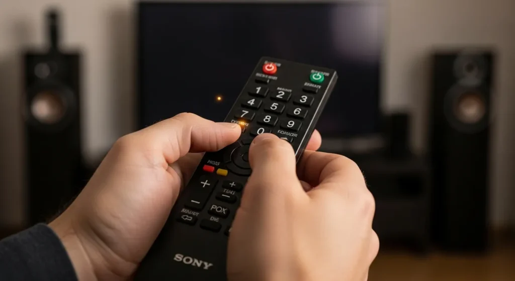 Hands programming code into Sony universal remote.