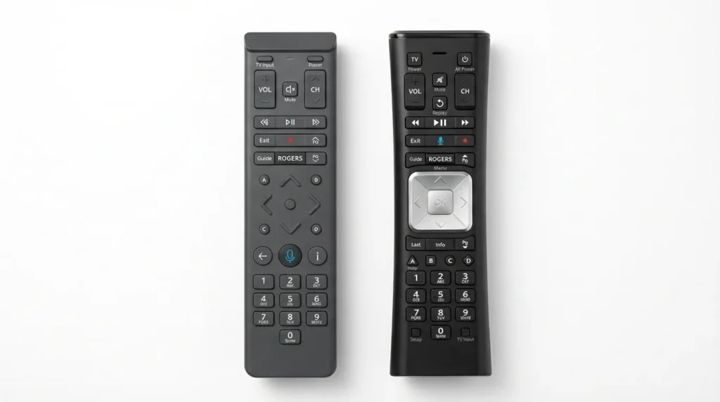 Rogers Ignite XR15 and XR11 universal remote controls showing voice button and number pad