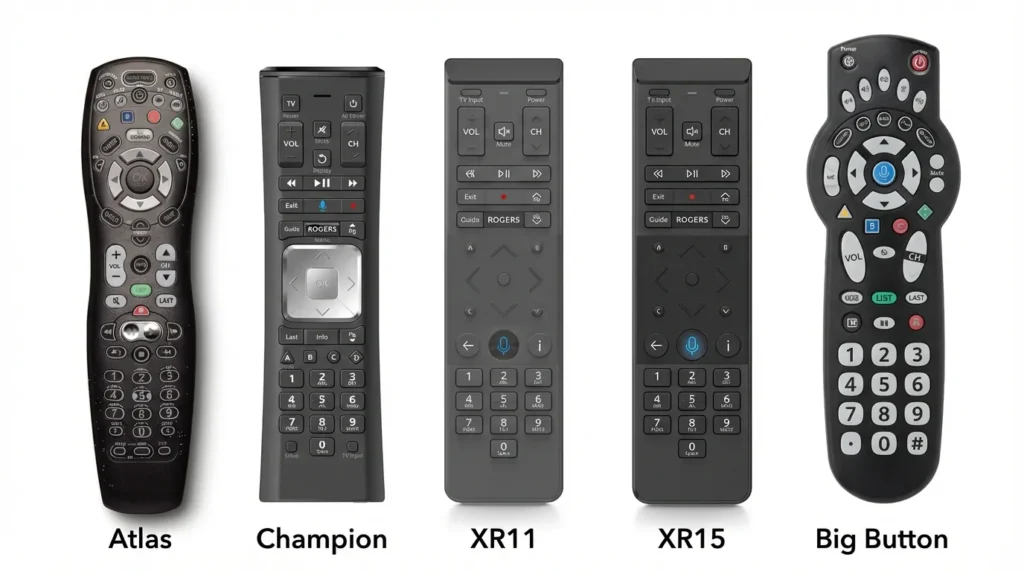 Five different Rogers universal remote control models showing button layouts and design differences