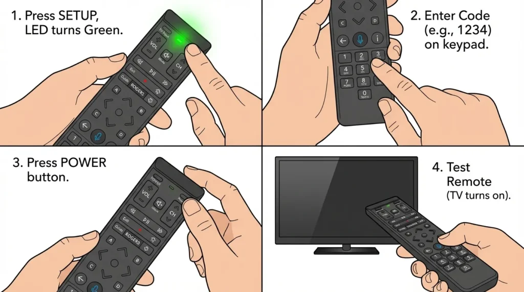 Step-by-step illustration showing how to program Rogers universal remote using direct code entry method