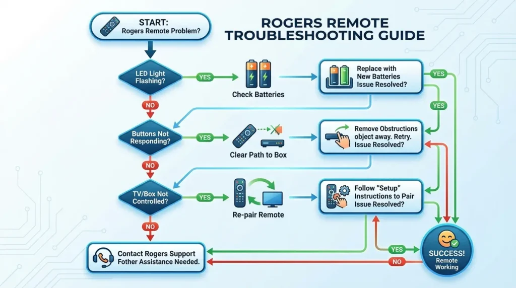 Flowchart showing step-by-step troubleshooting process for Rogers universal remote problems
