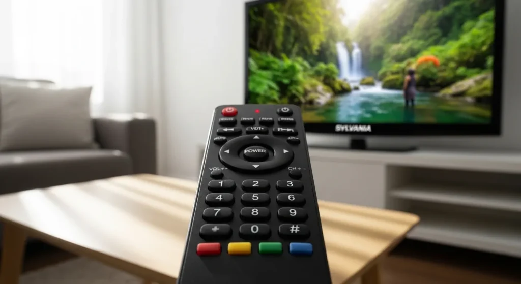 Universal remote control pointing at Sylvania TV with LED indicator light during programming process