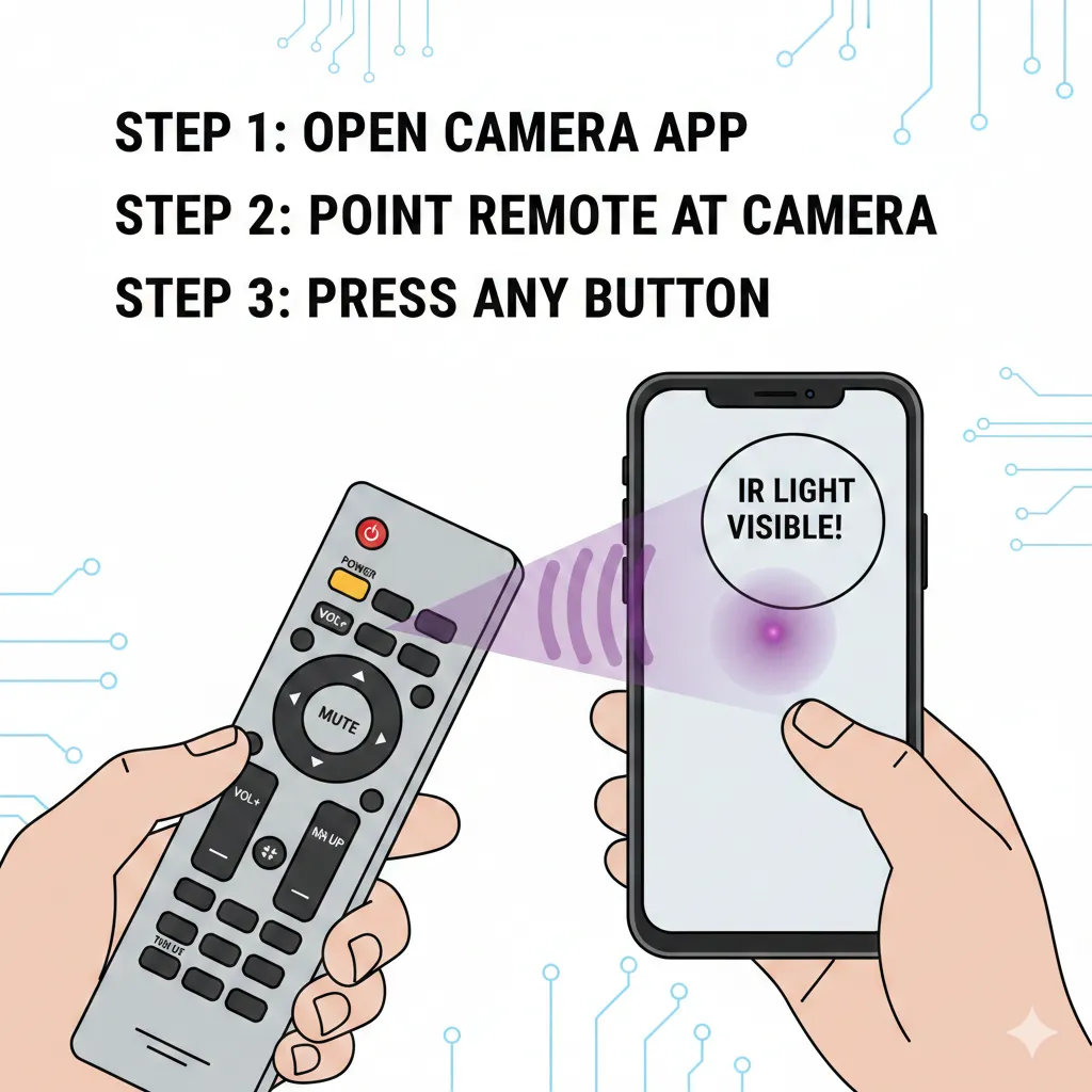Hand holding universal remote pointing at smartphone camera showing IR light test