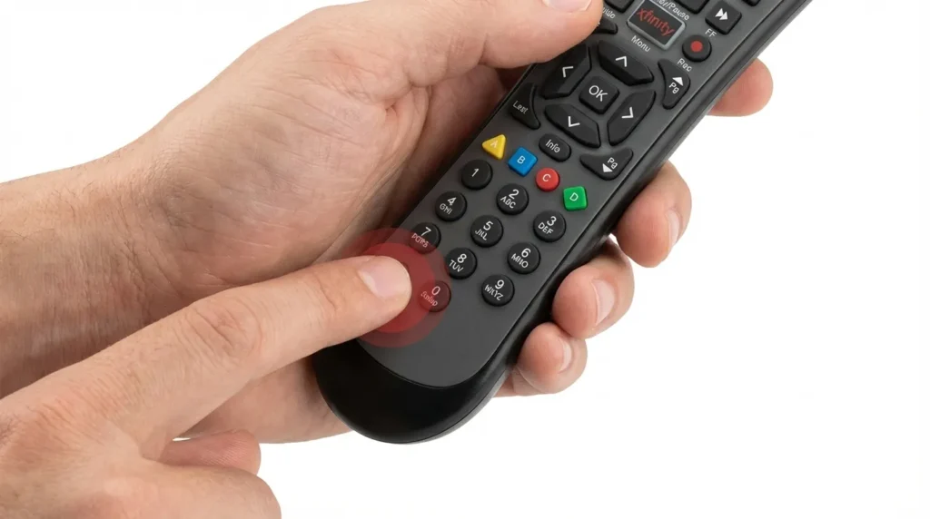 Hand pressing the Setup button on an Xfinity XR2 remote to begin programming.
