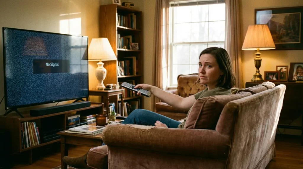 Person using auto search method on universal remote pointed at TV