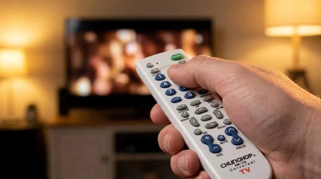 Hand pressing SET button on Chunghop universal remote to begin programming