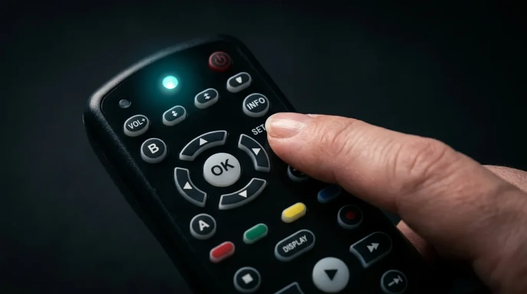 Hand pressing Set button on Inteset remote with LED indicator lit