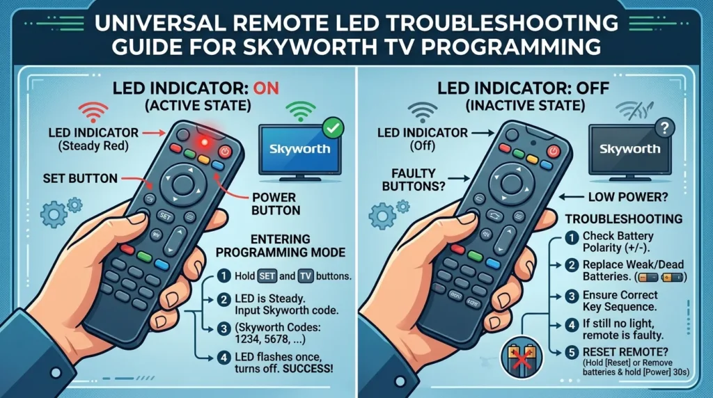 Universal remote LED troubleshooting guide for Skyworth TV programming