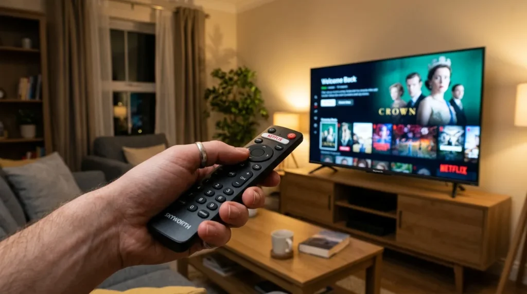 Person programming universal remote control for Skyworth TV