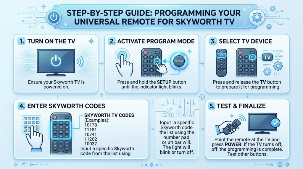 Step-by-step guide for programming universal remote with Skyworth TV codes