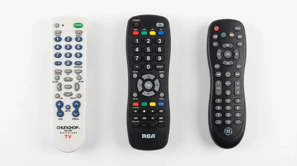 Multiple universal remote control brands side by side comparison