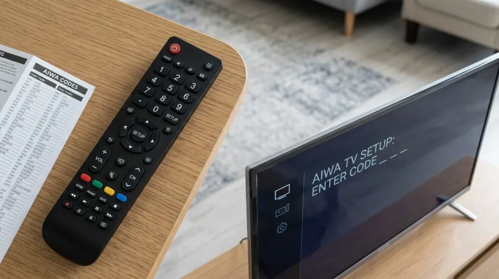 Universal remote control with number pad pointing at TV screen for Aiwa programming