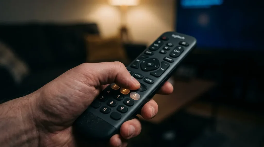 Hand pressing buttons on a universal remote to enter a code for Akira TV