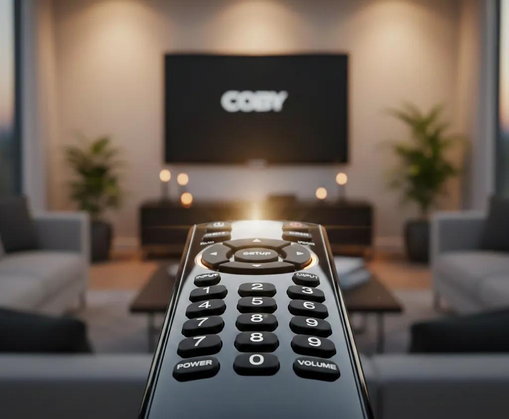 Universal remote control pointing at Coby TV with numeric keypad visible for code programming