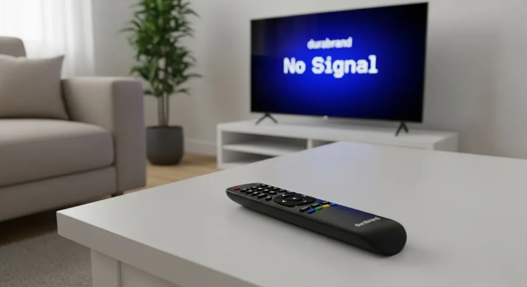 A universal remote placed in front of a Durabrand television.