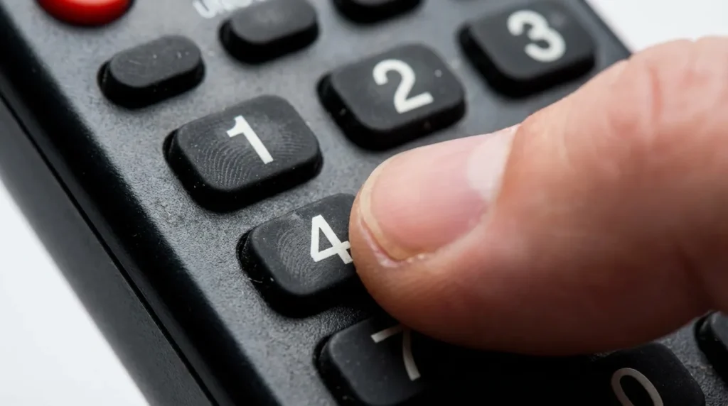 Hand entering universal remote code on number pad buttons