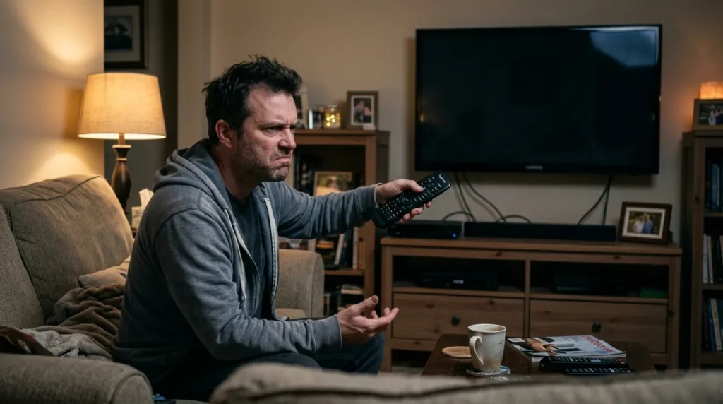 Person troubleshooting a universal remote that is not working with a Funai TV