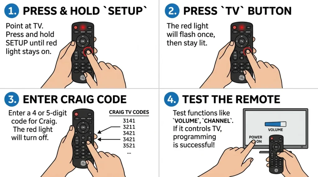 Step-by-step guide for programming GE remote to Craig television