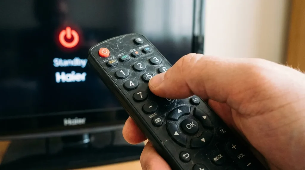 Hand entering universal remote code for Haier TV