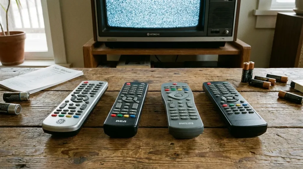 Four universal remote controls for programming a Hitachi TV