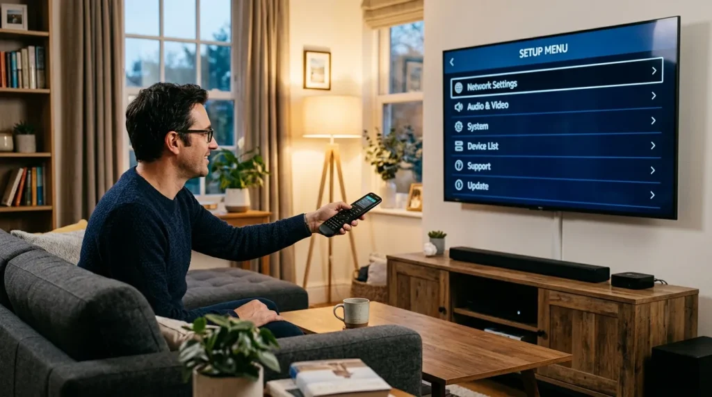 Person programming a universal remote to a Funai TV